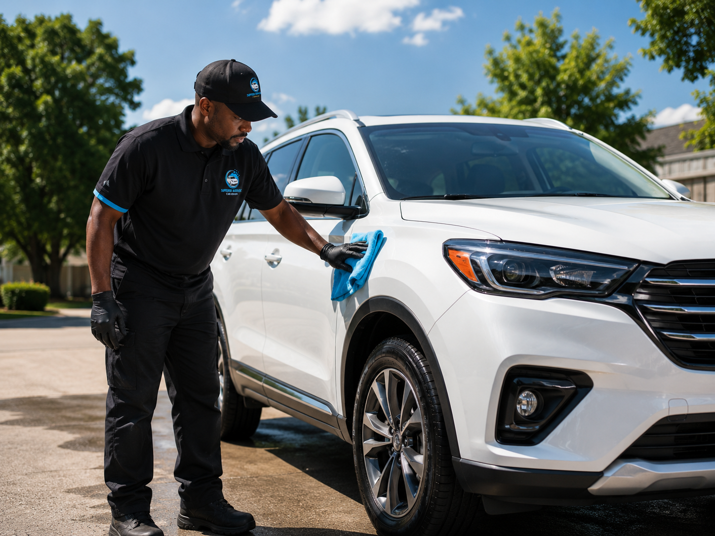 Mobile car wash worker cleaning a vehicle
